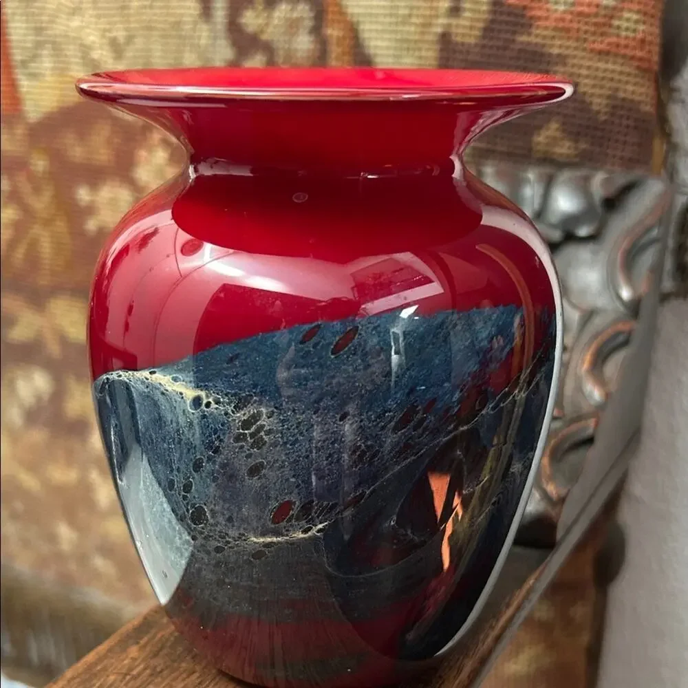 Michael Nourot Vintage Red Art Glass Vase with Colored Swirl, Signed by Artist